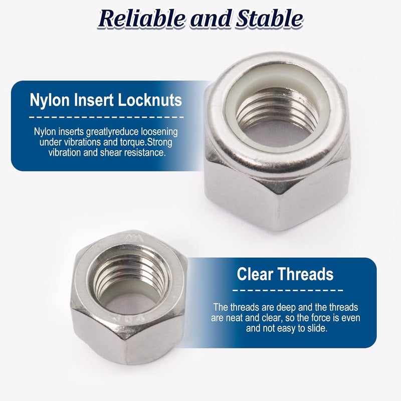 ZQZ 113 Pack Lock Nuts Assortment Kit, 6#32 8#32 10#24 10#32 5/16-18 3/8-16 1/2-13 1/4-20 SAE Nylon Insert Hex Locknuts Sets, 304 Stainless Steel Standard Inch Threaded Nylock Nuts - Image 5